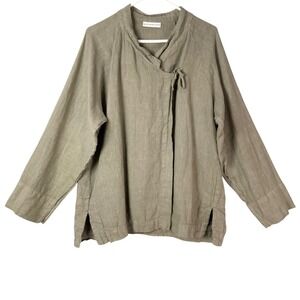 Bryn Walker Tan Linen Wrap Shirt M Tie Knot Stand Collar Long Sleeve Side Slit